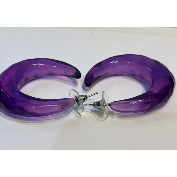 Vintage RARA Avis Faceted Purple Translucent Resin Hoop Earrings - Picture 3 of 4